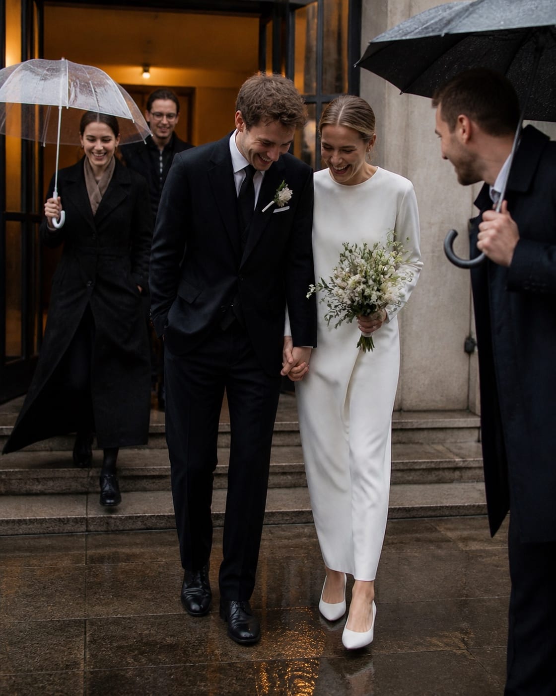 Editorial wedding concept of a couple leaving a city hall in the rain.
